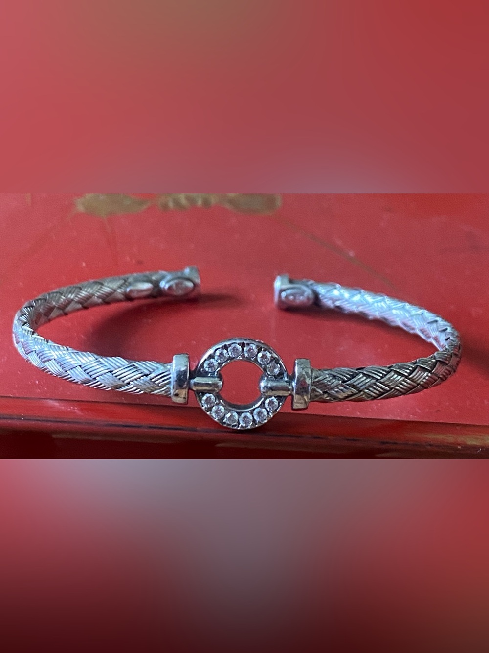 Vintage Dyadema 925 Silver Woven w/CZ Circle Bangle Bracelet Italy